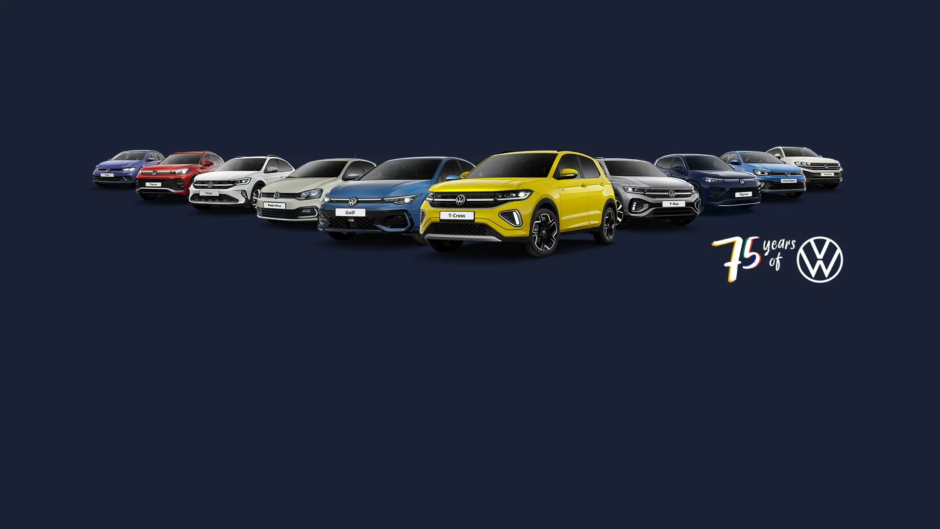 The Volkswagen passenger range — Polo, Tiguan, Taigo, Polo Vivo, Golf, T-Cross, T-Roc, Tayron, Polo Sedan and Touareg — lined up together